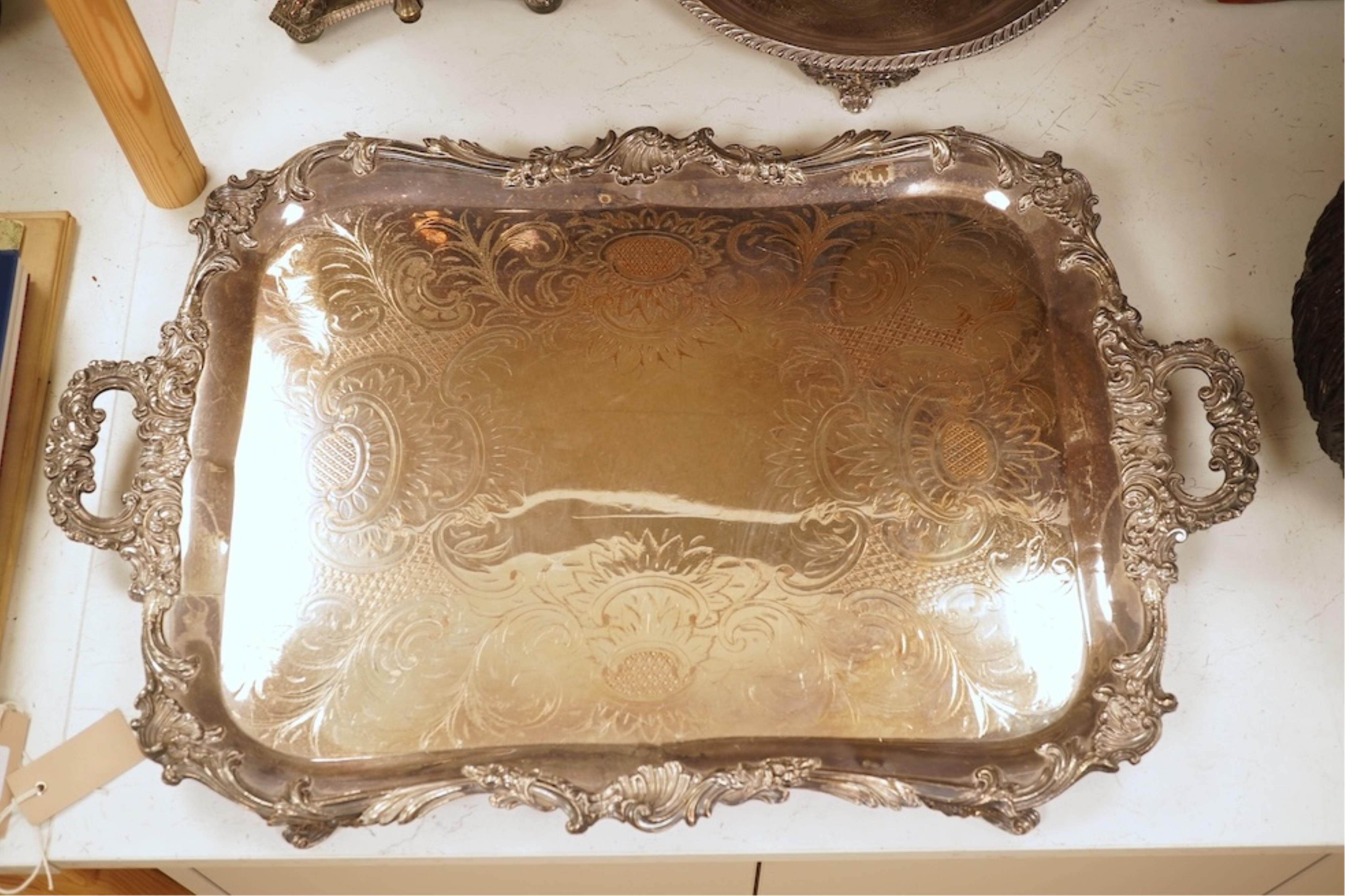 A Regency Old Sheffield Plate samovar and two silver plated trays, largest 70cm